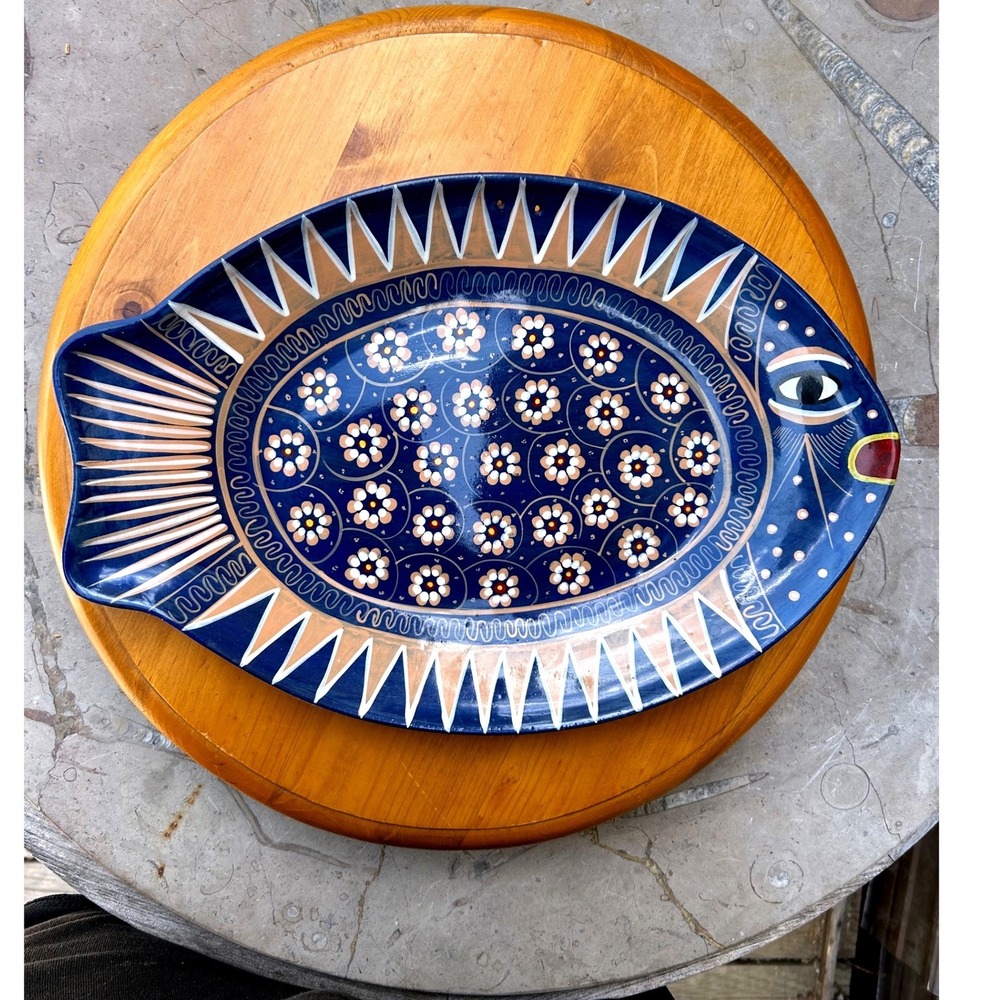 Vintage Ceramic Fish Platter Blue Mexican Folk Art Ken Edwards El Palomar Style